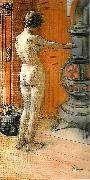 Carl Larsson leontine staende , naken rygg- naken flicka framfor kamin- framfor kaminen USA oil painting artist